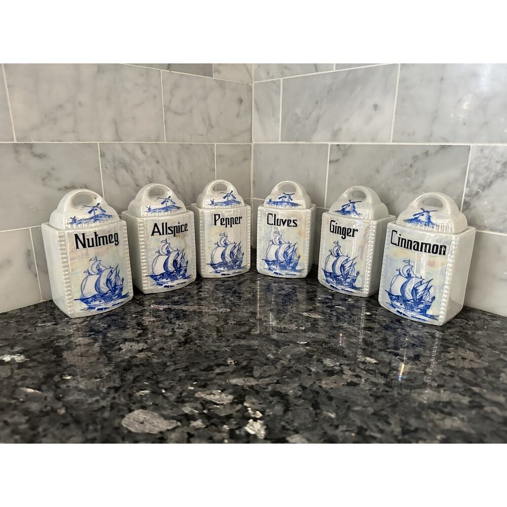 Crown Bavaria Vintage Porcelain Luster Porcelain Small Spice Canister Set Of 6